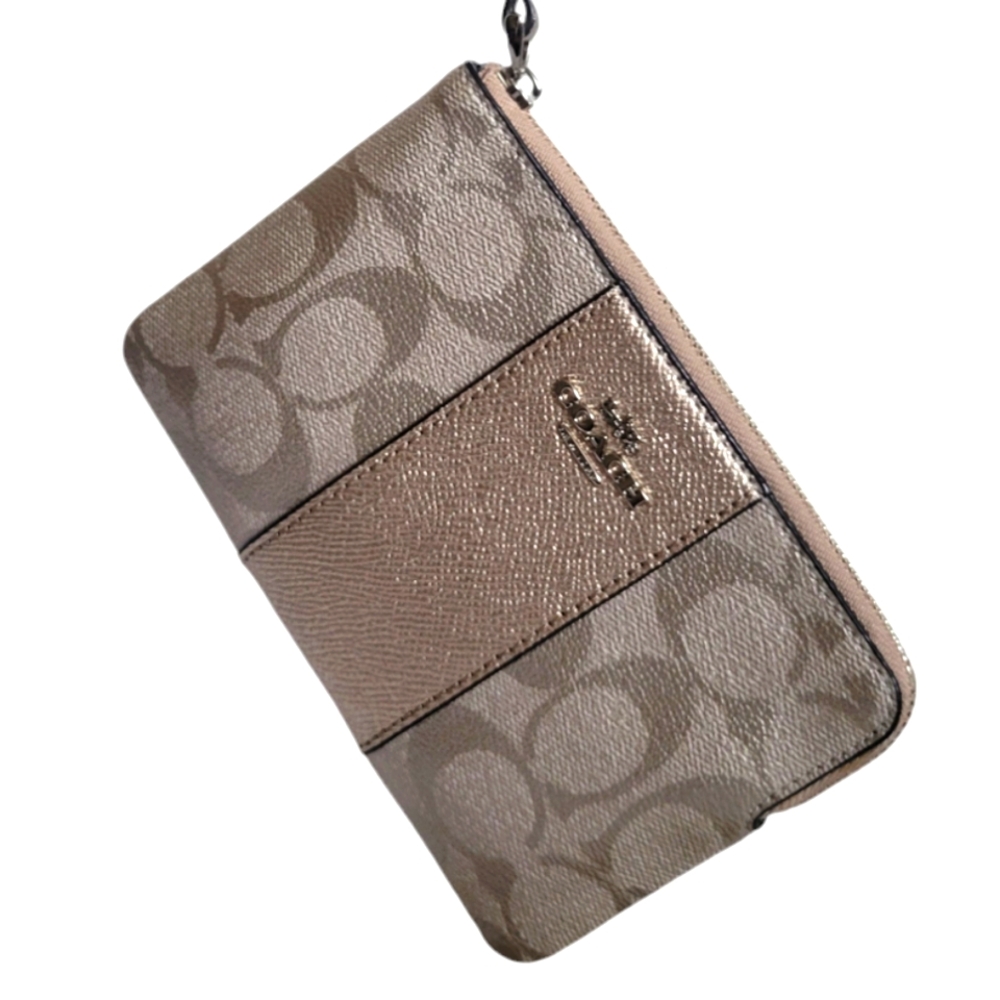 COACH - Corner Zip Wristlet In Signature Canvas With Stripe (silver/platinum)